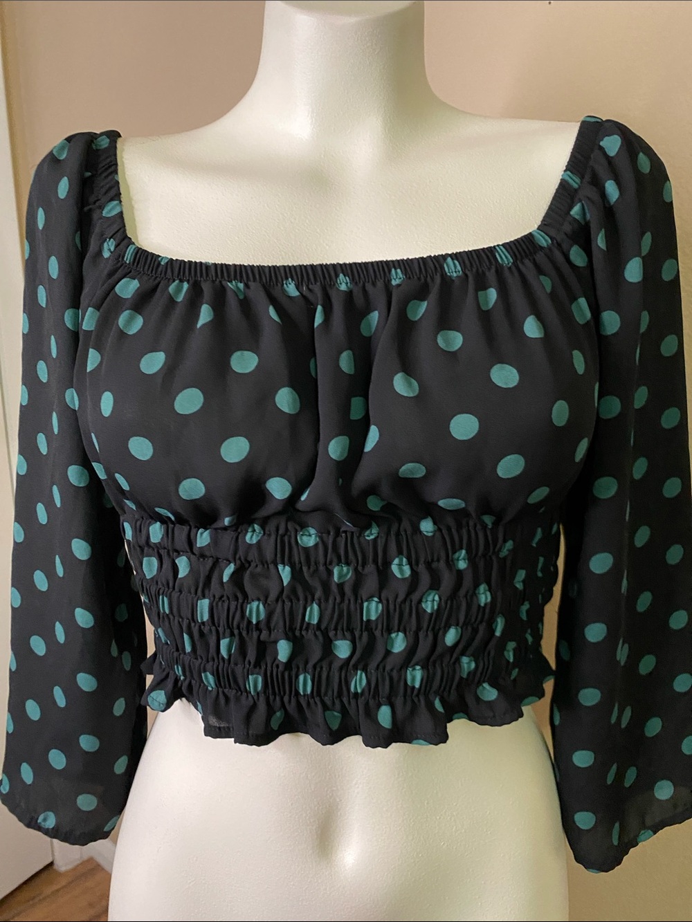 Le Lis Black Crop Top with Teal Polka Dots